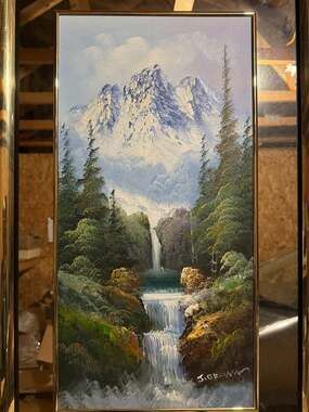 J. Brown Original Landscape Oil Painting Framed Mountain Waterfall Scene (VINTAG
